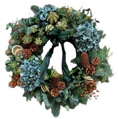 Fresh Blue Hydrangea Holly Wreath - Flowers Box London