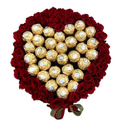 Fresh Roses with Chocolate Heart Box - Flowers Box London