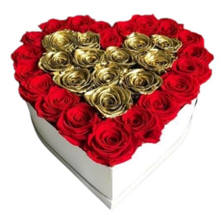 Gold Heart in Red Roses Box