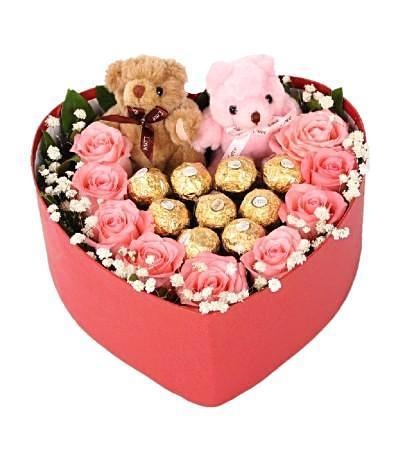Heart Box of Pink Roses and Chocolate