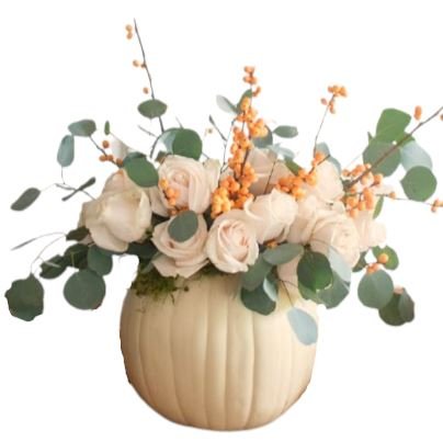 Ivory Roses and Orange Berry in Pumpkin - Flowers Box London