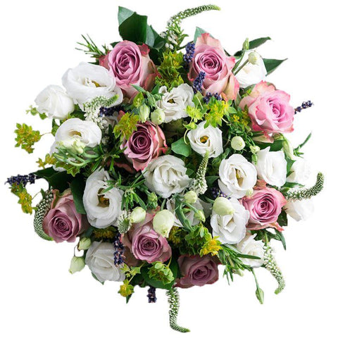 Lisianthus, lavender and rose bouquet