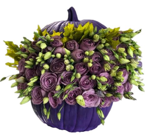 Lavender Roses in Purple Pumpkin
