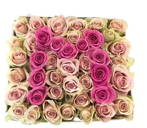 Light Pink and Pink Roses Initial Flower Box - Flowers Box London