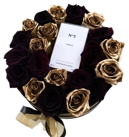 Luxury Black and Gold Roses with Perfume Box - Flowers Box London