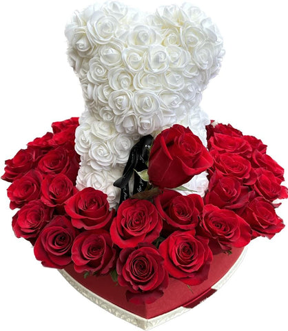 Luxury Gift of Red Roses and Teddy in a Heart Box - Flowers Box London