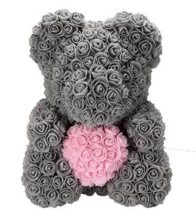 Luxury Grey with Pink Heart Rose Teddy Bear - Flowers Box London
