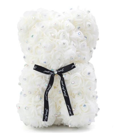 Mini Luxury White Rose Teddy Bear with Diamonds - Flowers Box London