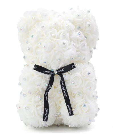 Mini Luxury White Rose Teddy Bear with Diamonds