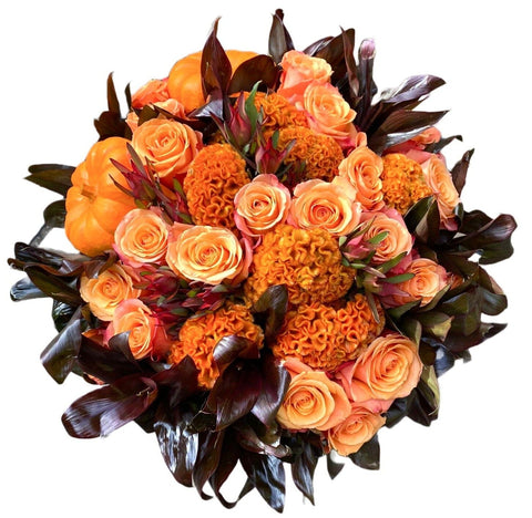 Orange and Black Autumn Bouquet with Pumpkins