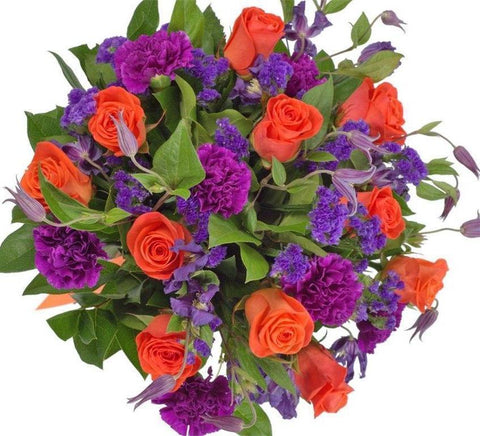 Orange Roses in Purple Bouquet