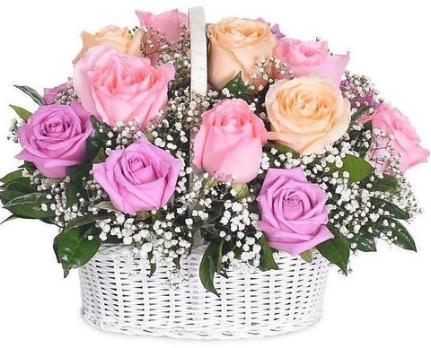 Pastel Roses with Gypsophila Basket