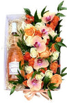 Peach Flowers Special Box with Bottle of Wine - Flowers Box London