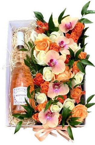 Peach Flowers Special Box with Bottle of Wine - Flowers Box London