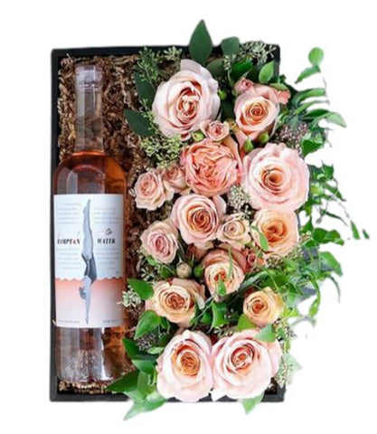 Peach Roses with a Bottle of Wine Special Box