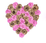 Pink and Gold Roses in Heart Box - Flowers Box London