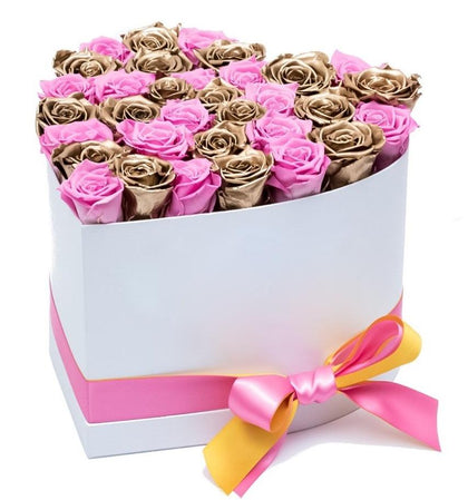 Pink and Gold Roses in Heart Box
