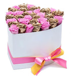 Pink and Gold Roses in Heart Box - Flowers Box London