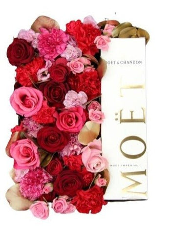 Pink and Red Flowers with Champagne Gift Box - Flowers Box London