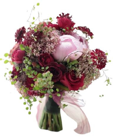 Pink Peonies and Red Roses Bridal Bouquet