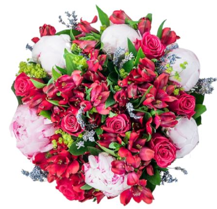 Pink Peonies in Red Bouquet - Flowers Box London