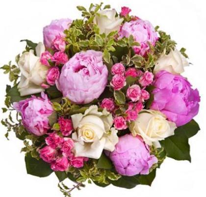Pink Peony & Ivory Roses Bouquet - Flowers Box London