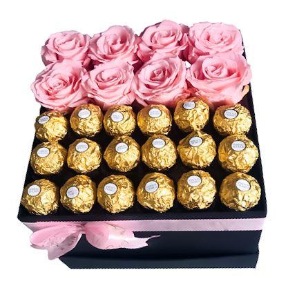 Pink Roses and Chocolate Box - Flowers Box London