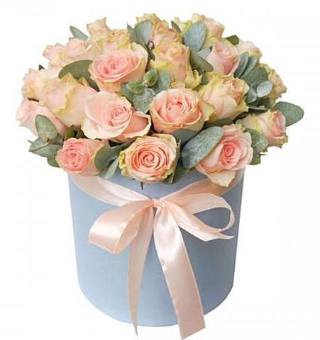 Pink Roses with Eucalyptus Hat Box