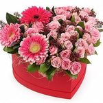 Pink Spray Roses and Gerbera Heart Box