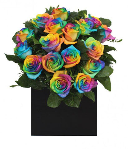 Rainbow Roses with Greenery Box - Flowers Box London