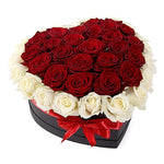 Red and white roses heart box