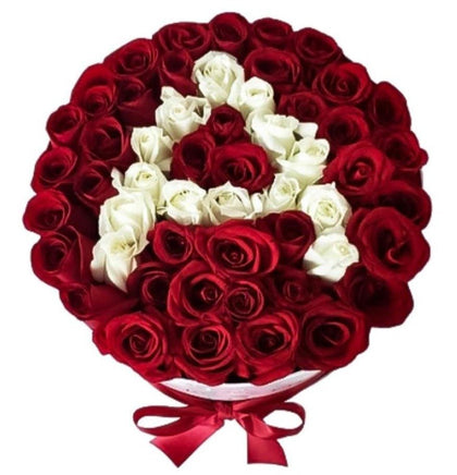 Red and White Roses Initial Flower Box - Flowers Box London