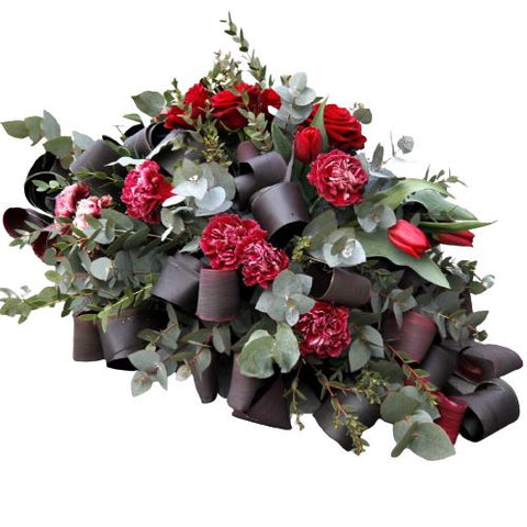 Red Flowers with Eucalyptus Funeral Spray