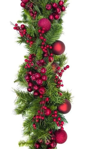 Red Fresh Garland with Red Baubles - Flowers Box London
