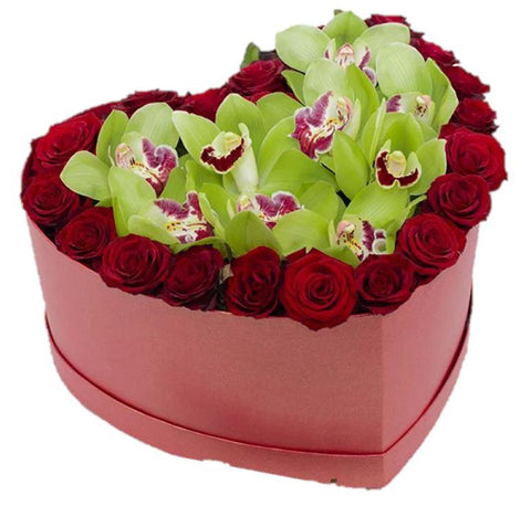 Red Roses and Orchids Heart Box