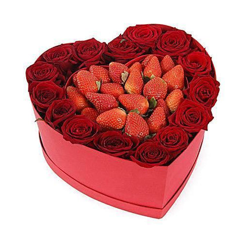 Red Roses and Strawberry Heart Box - Flowers Box London