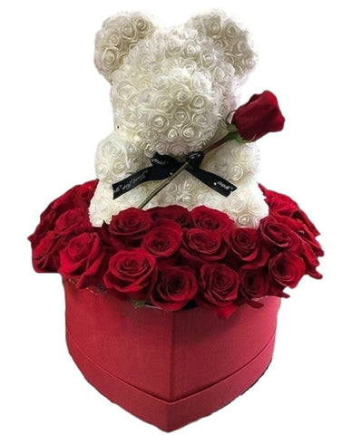 White rose teddy bear in a red rose box