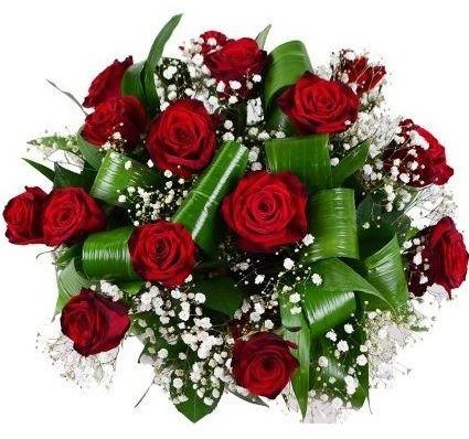 Red Roses with Gypsophila and Leaves Bouquet - Flowers Box London