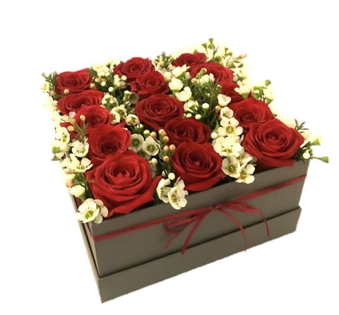 Red Roses with Wax Flowers Box