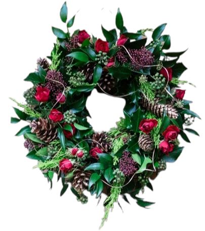 Red Spray Roses and Skimia Wreath