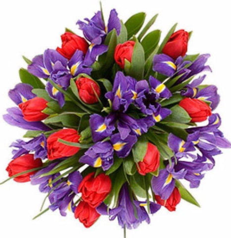 Red Tulips and Purple Iris Bouquet - Flowers Box London