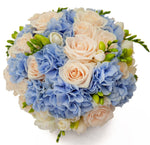 Roses and Blue Hydrangea Bouquet