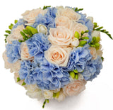 Roses and Blue Hydrangea Bouquet