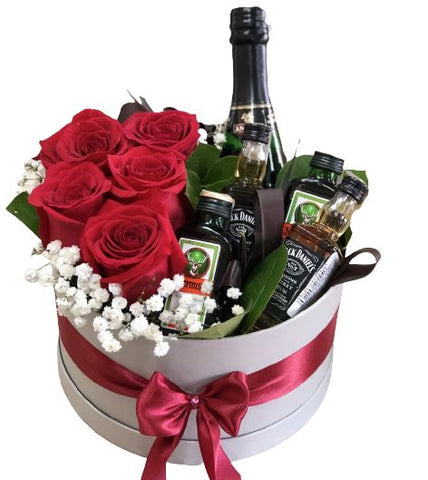 Roses and Mini Bottle of Alcohol Box