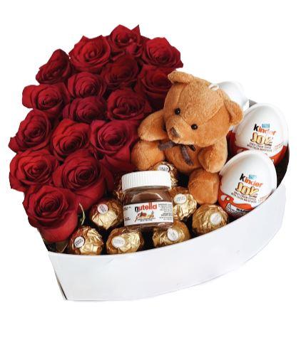 Gift Box Preserved Roses Teddy Bear and Ferrero Chocolates - Robbin Legacy