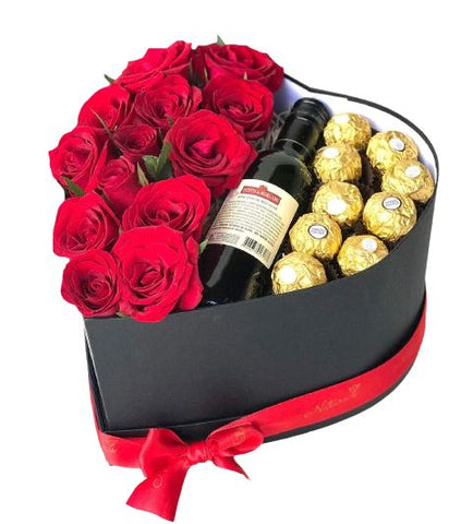 Roses with Chocolate and Wine Box