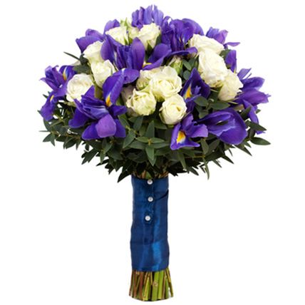 Spray roses and iris wedding bouquet