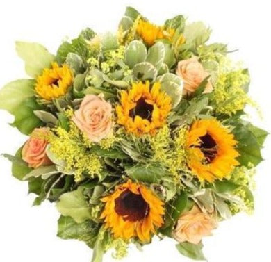 Sunflowers and Peach Roses