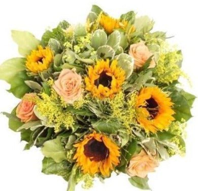 Sunflowers and Peach Roses Bouquet - Flowers Box London