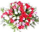 Three-colored Tulips with Greenery